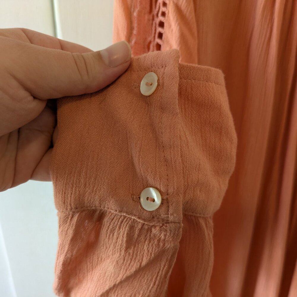 Free People "Katie Bird" Peach Pink Crochet Trim Button-Down Top - Picture 7 of 15